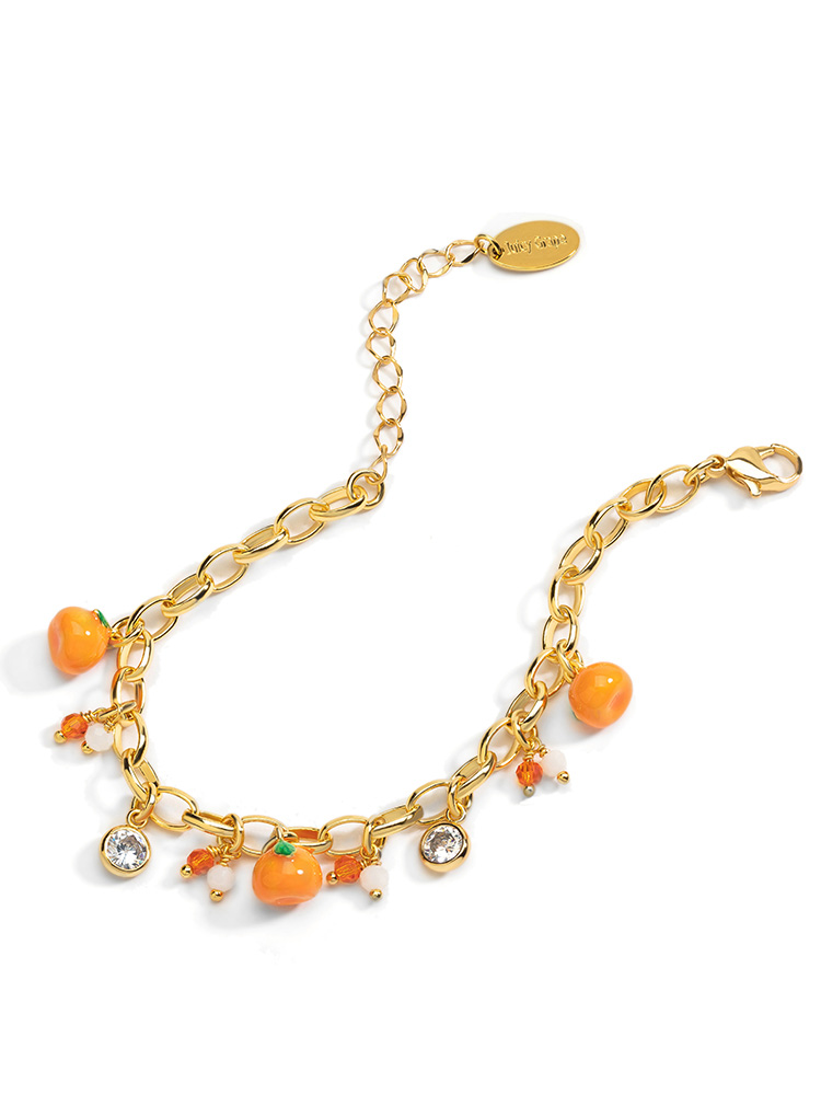 Fruit Peach Strawberry Orange And Crystal Enamel Charm Bracelet