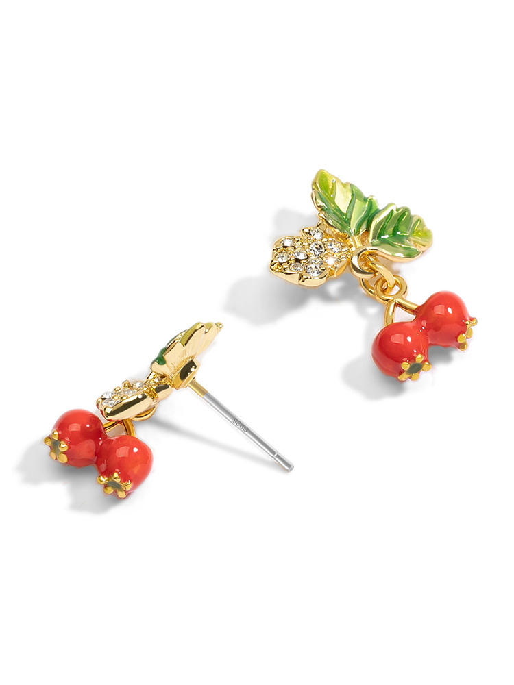 Red Fruit Hawthorn And Green Leaf With Crystal Enamel Stud Earrings