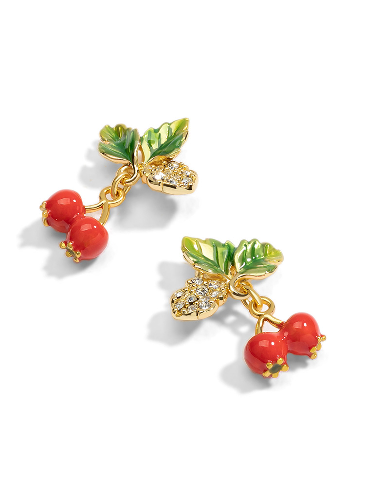Red Fruit Hawthorn And Green Leaf With Crystal Enamel Stud Earrings