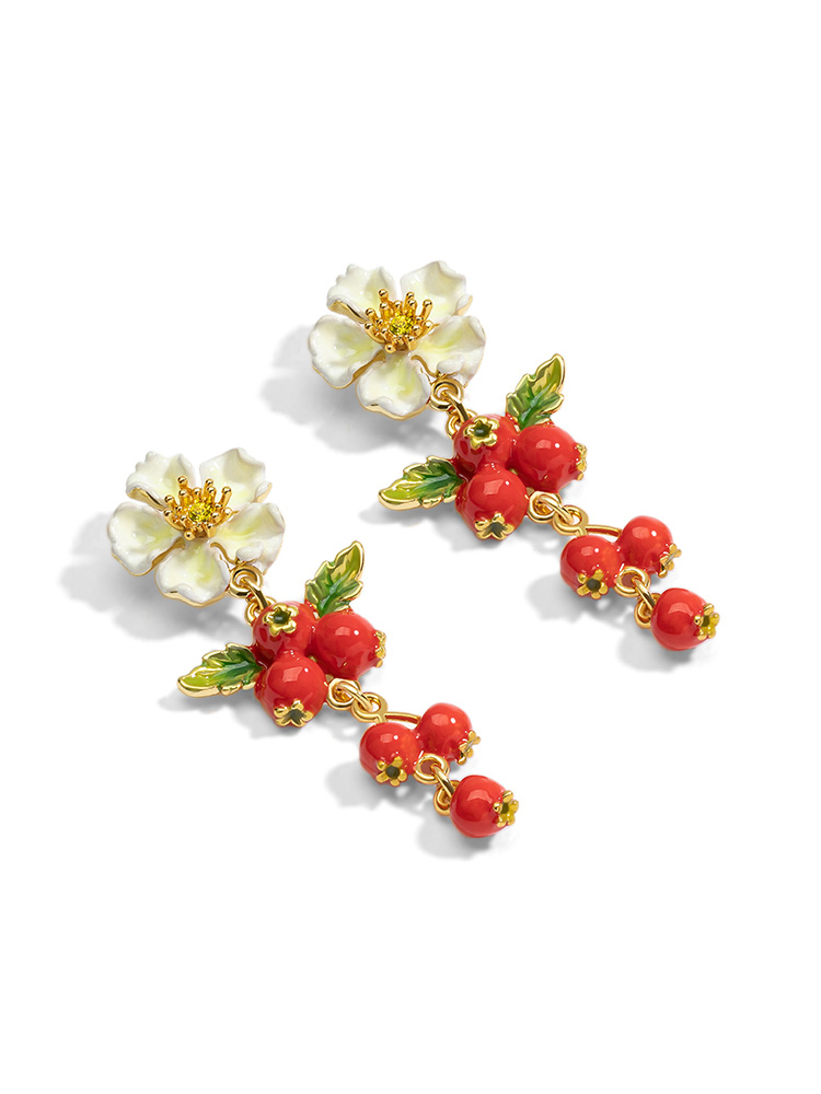 Red Fruit Hawthorn And White Flower Enamel Stud Earrings