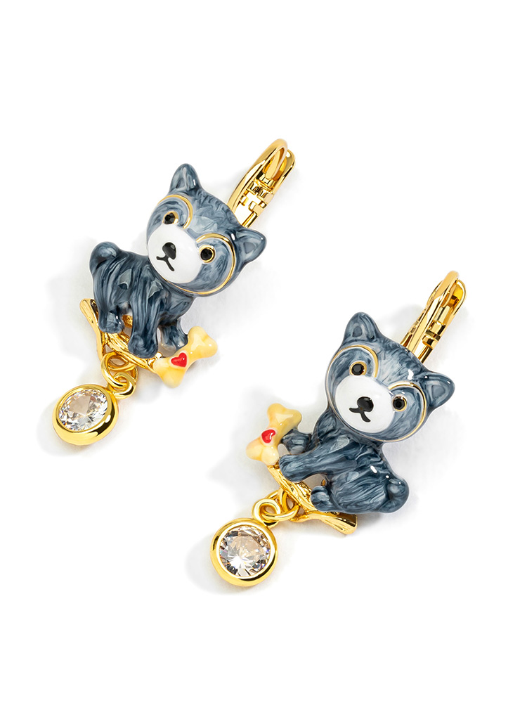 Cute Gray Husky Dog With Bone And Crystal Enamel Hook Earrings