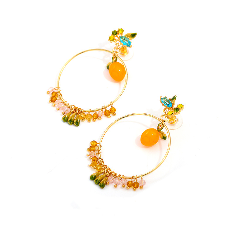 Orange Blossom Flower Tassel Asymmetrical Enamel Stud Earrings