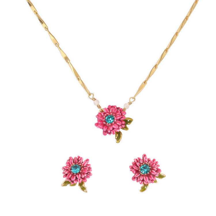 Pink Daisy Flower And Crystal Enamel Pendant Necklace