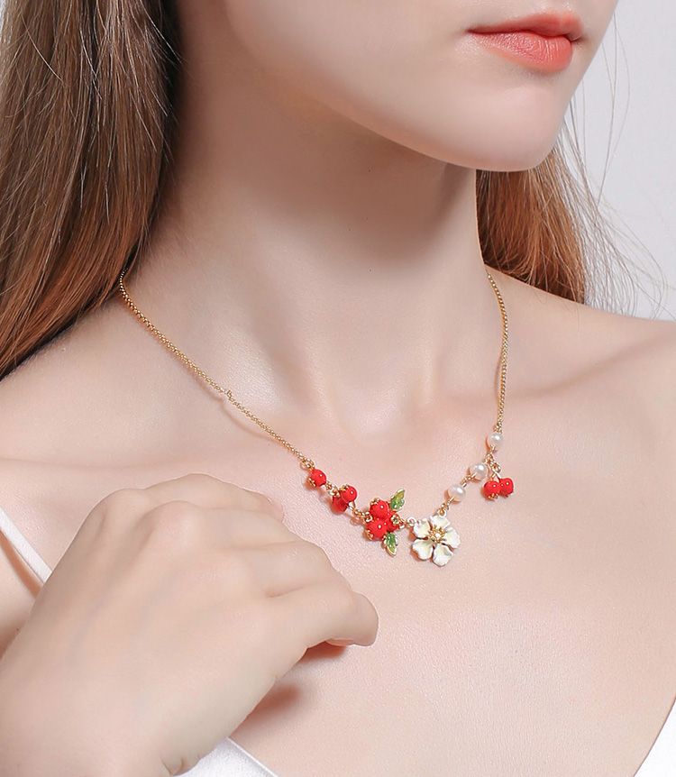 Red Hawthorn Fruit And Flower Pearl Enamel Pendant Necklace