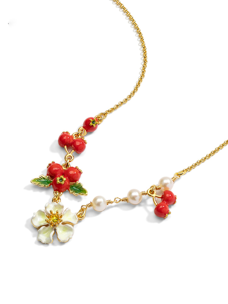 Red Hawthorn Fruit And Flower Pearl Enamel Pendant Necklace