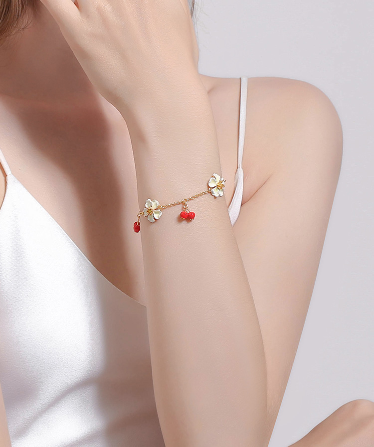 Red Fruit Hawthorn And Flower Enamel Charm Bracelet