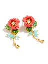 Pink Camellia Flower With Crystal Bead Tassel Enamel Stud Earrings