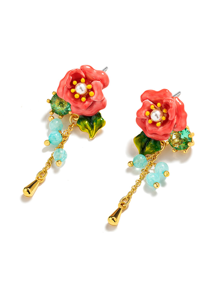 Pink Camellia Flower With Crystal Bead Tassel Enamel Stud Earrings