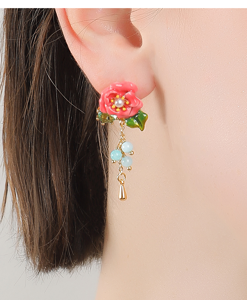 Pink Camellia Flower With Crystal Bead Tassel Enamel Stud Earrings
