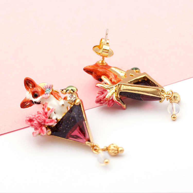 Dog Triangle Crystal 925 Sliver Enamel Earrings Jewelry Stud Clip Earrings