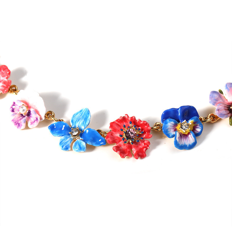 Pansy Red Pink Blue Purple Colorful Flower Enamel Necklace