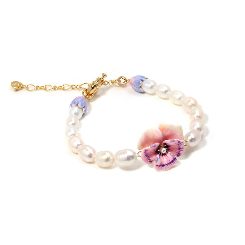 Pansy Pink Flower Natural Freshwater Pearl Enamel Bracelet