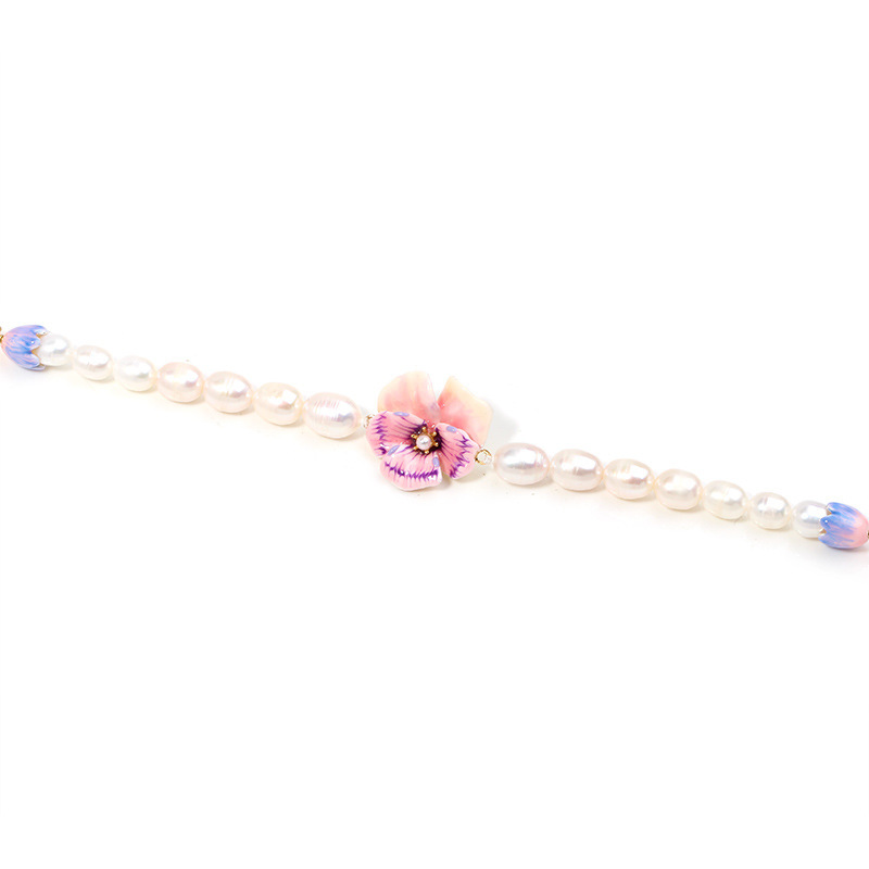 Pansy Pink Flower Natural Freshwater Pearl Enamel Bracelet