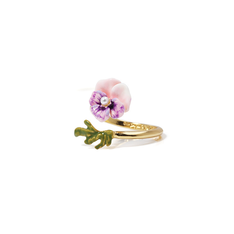 Pansy Pink Purple Flower And Leaf Enamel Adjustable Ring