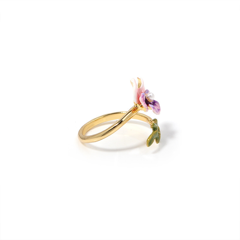 Pansy Pink Purple Flower And Leaf Enamel Adjustable Ring