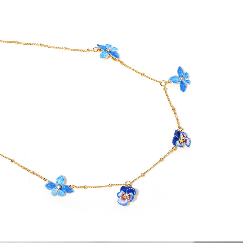 Pansy Flower Blue And Crystal Enamel Charm Necklace