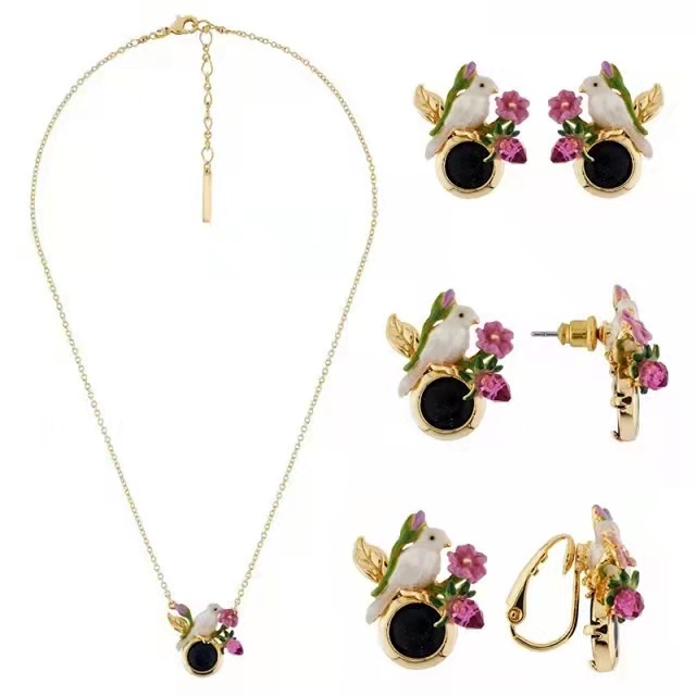 Canary Bird Pink Flower And Black Stone Enamel Earrings