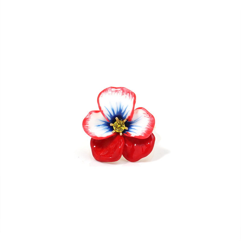 Pansy Blue Red Flower And Crystal Enamel Adjustable Ring