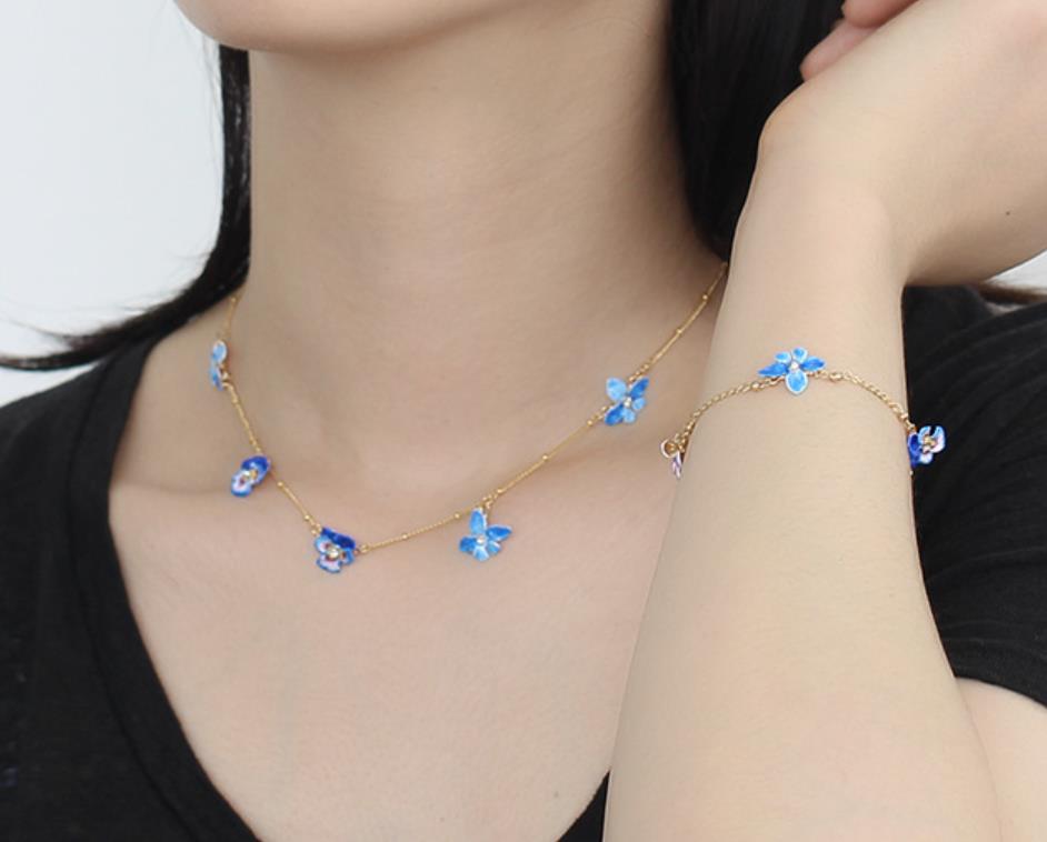 Bird On Flower Branch C Shape And Crystal Enamel Necklace