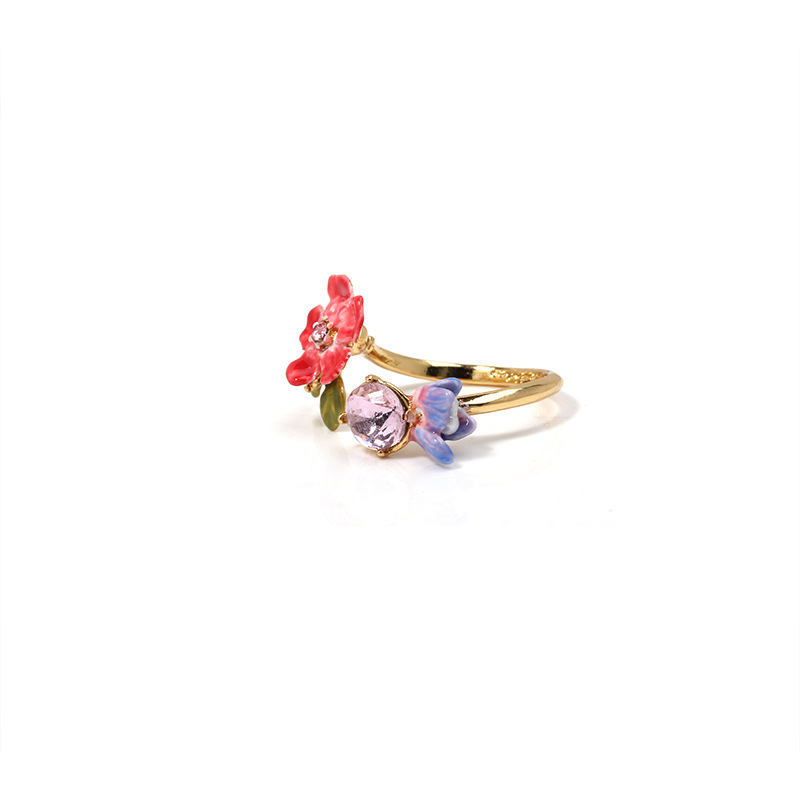 Pansy Red Blue Flower And Crystal Enamel Adjustable Ring