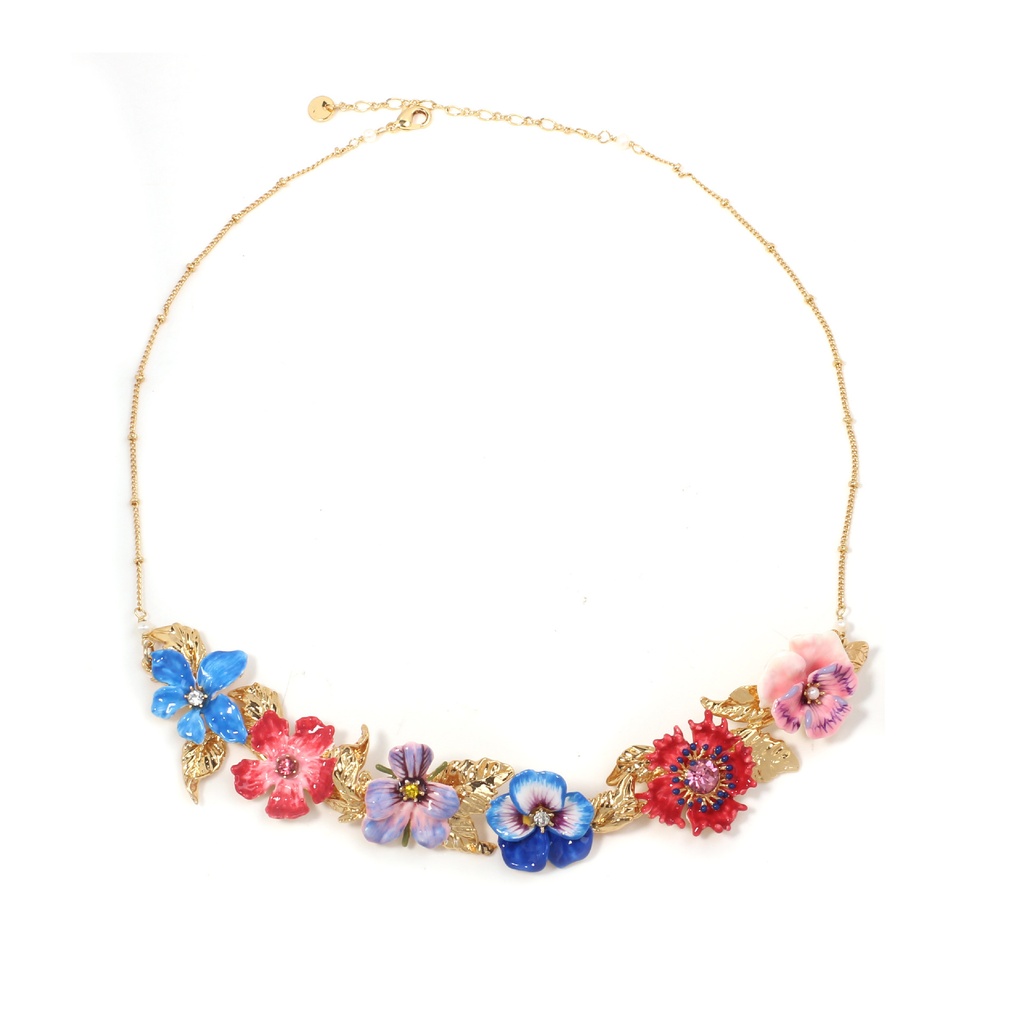 Pansy Red Blue Pink Purple Flower And Crystal Golden Leaf Enamel Necklace