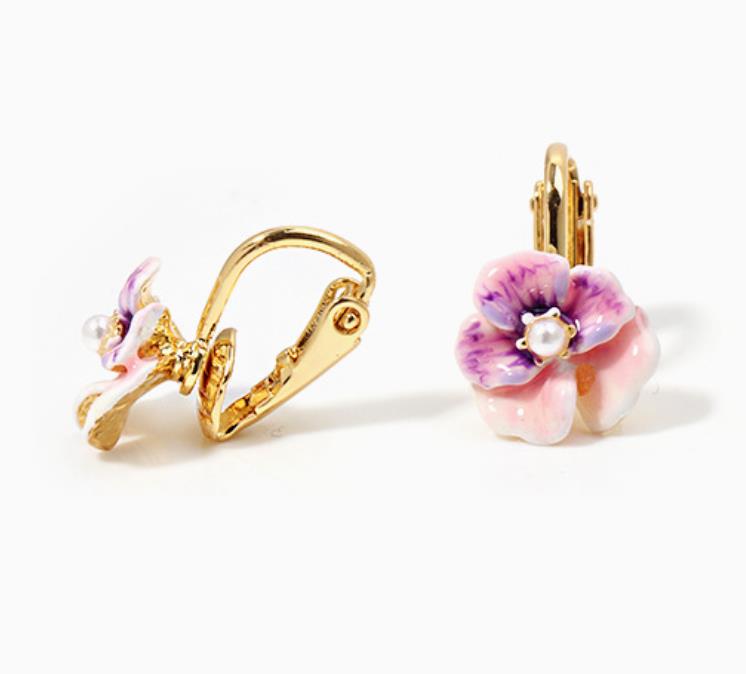 Pansy Pink Purple Flower And Pearl Enamel Earrings