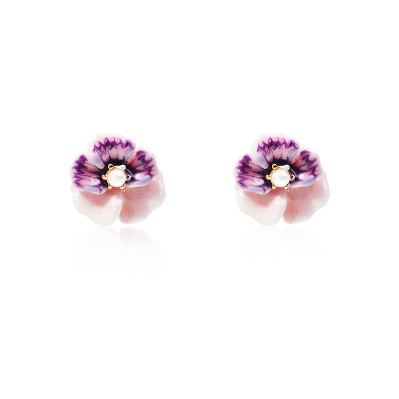 Pansy Pink Purple Flower And Pearl Enamel Earrings