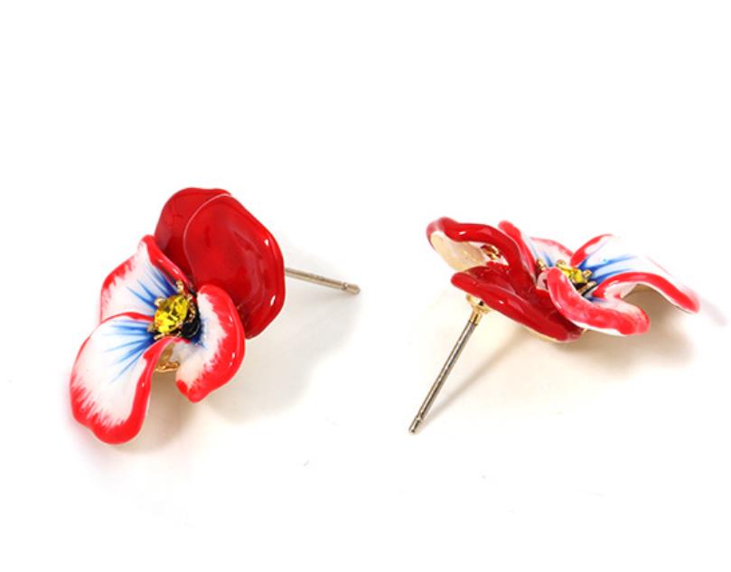 Pansy Red Blue Flower And Crystal Enamel Earrings