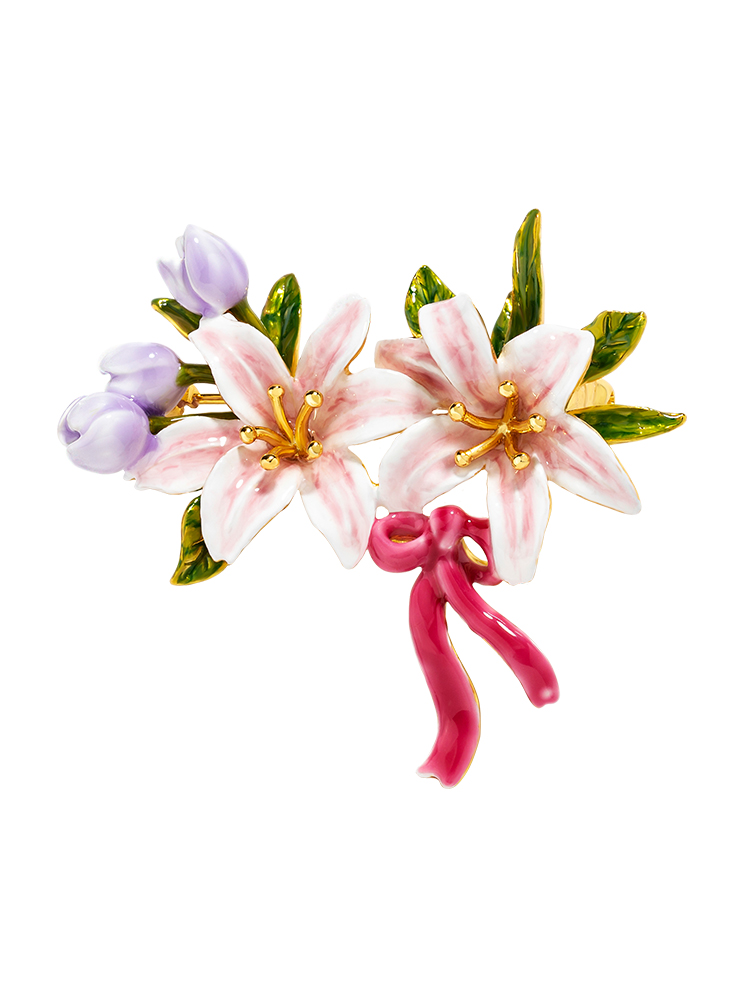 Pink White Lily Flower With Purple Bud And Bow Enamel Brooch