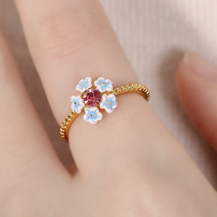 White Blue Flower And Pink Crystal Enamel Adjustable Ring