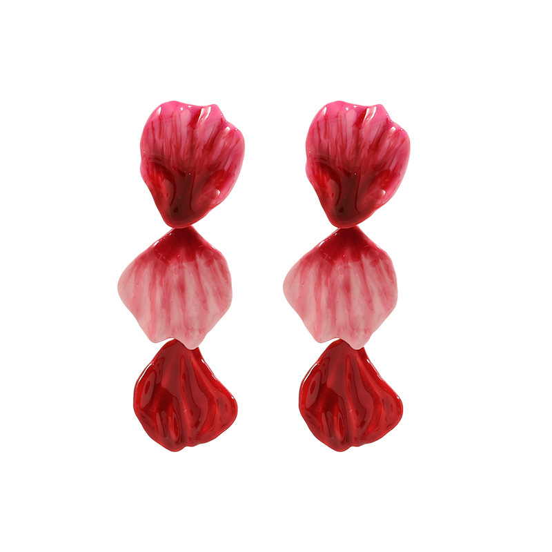 Camellia Red Pink Flower Petal Enamel Earrings
