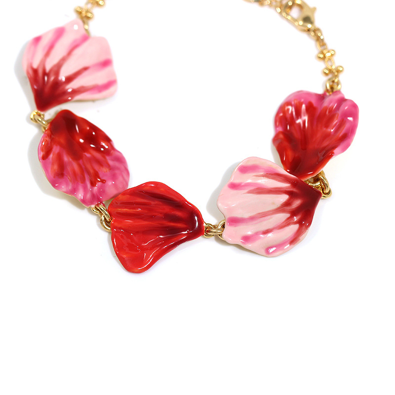 Camellia Petal Red Pink Flower Enamel Think Bracelet