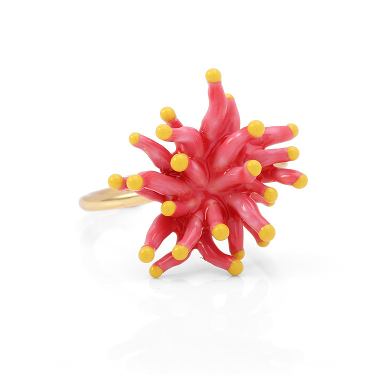 Ocean Coral Red Flower Enamel Adjustable Ring