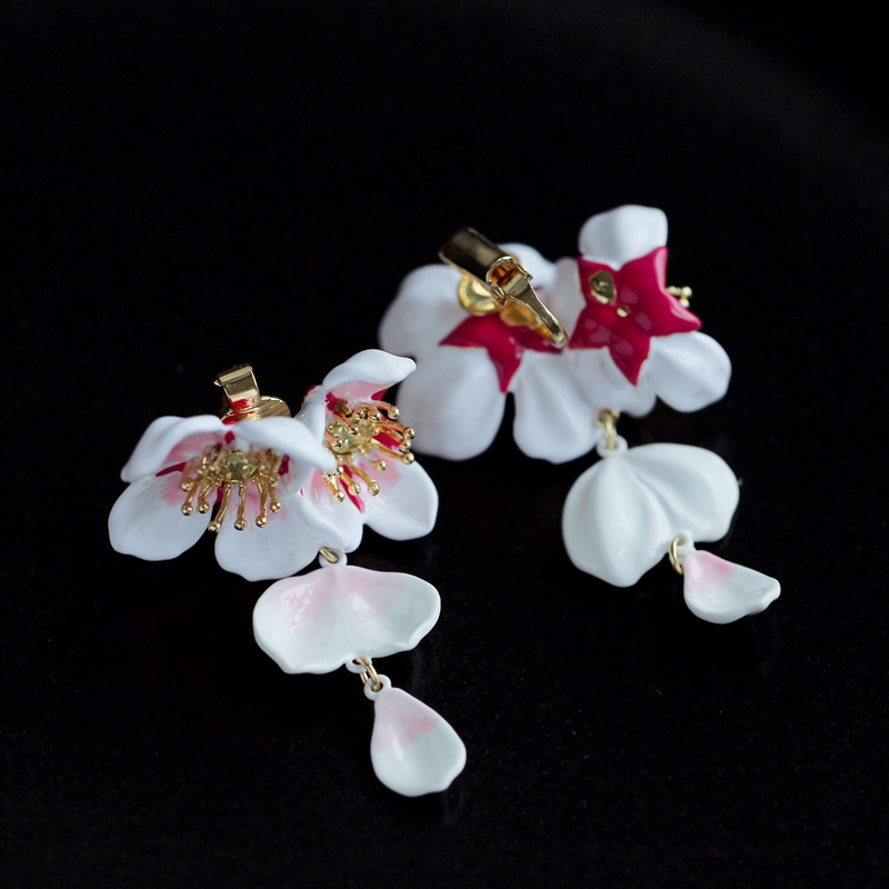 White Cherry Blossom Flower Petals Enamel Dangle Earrings