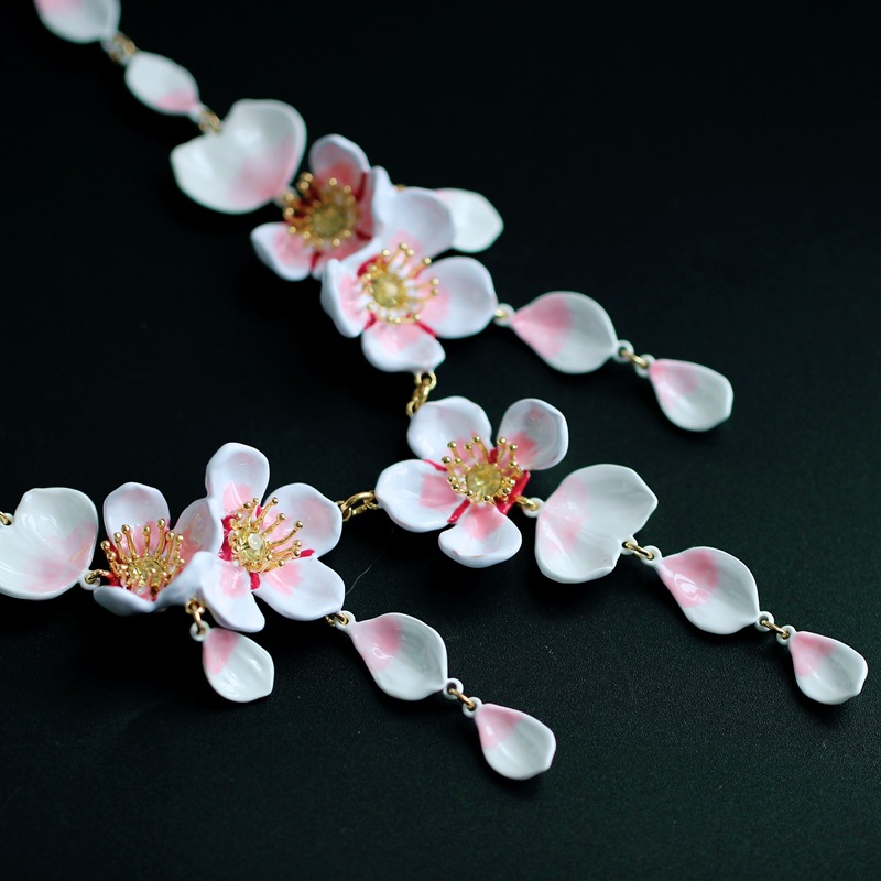 White Cherry Blossom Flower Petals Enamel Pendant Necklace