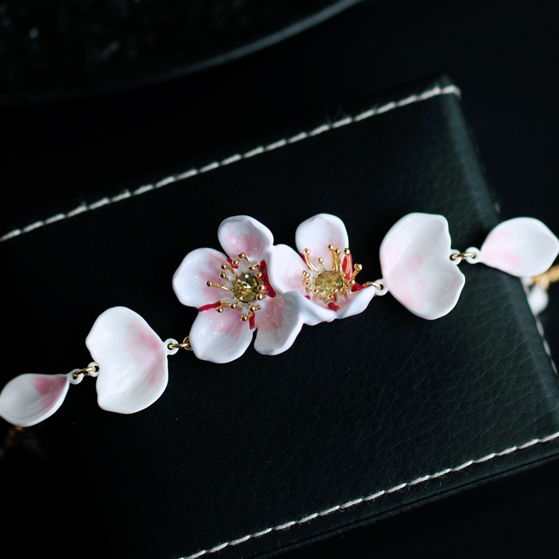 White Cherry Blossom Flower Petals Enamel Thin Bracelet