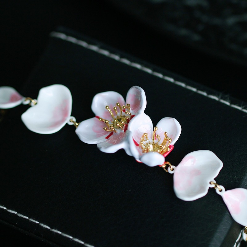 White Cherry Blossom Flower Petals Enamel Thin Bracelet