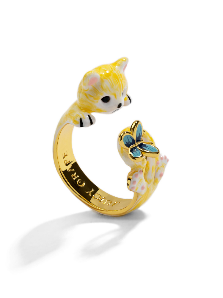 Cat Cute Yellow Kitty Kitten And Butterfly Enamel Adjustable Ring