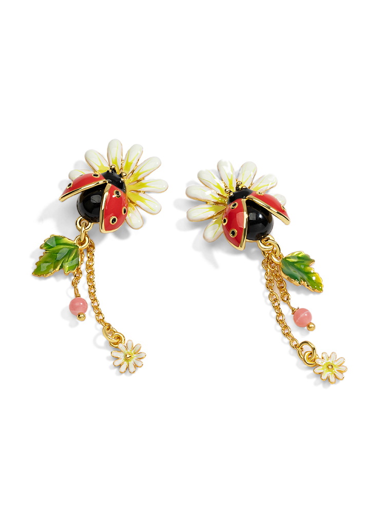 Daisy White Flower And Ladybug Enamel Stud Dangle Earrings