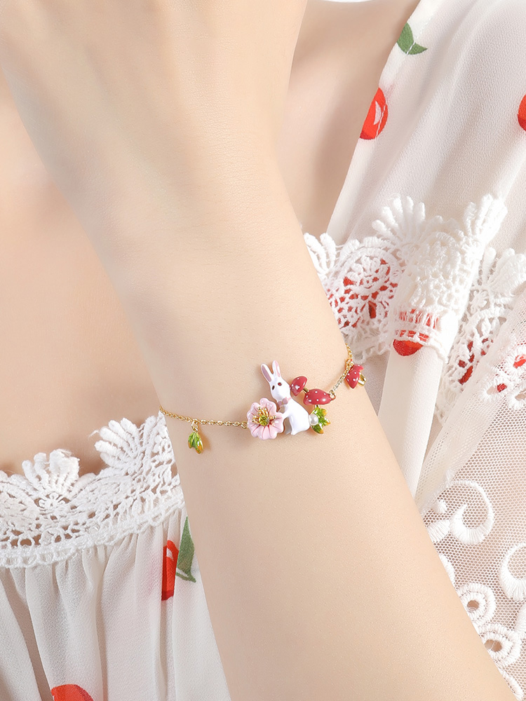 Rabbit Cute Bunny With Flower And Mushroom Enamel Thin Bracelet