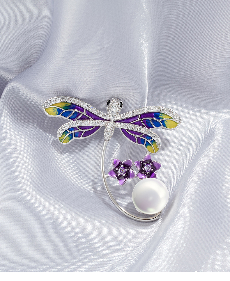 Dragonfly With Crystal Pearl And Flower Enamel Brooch