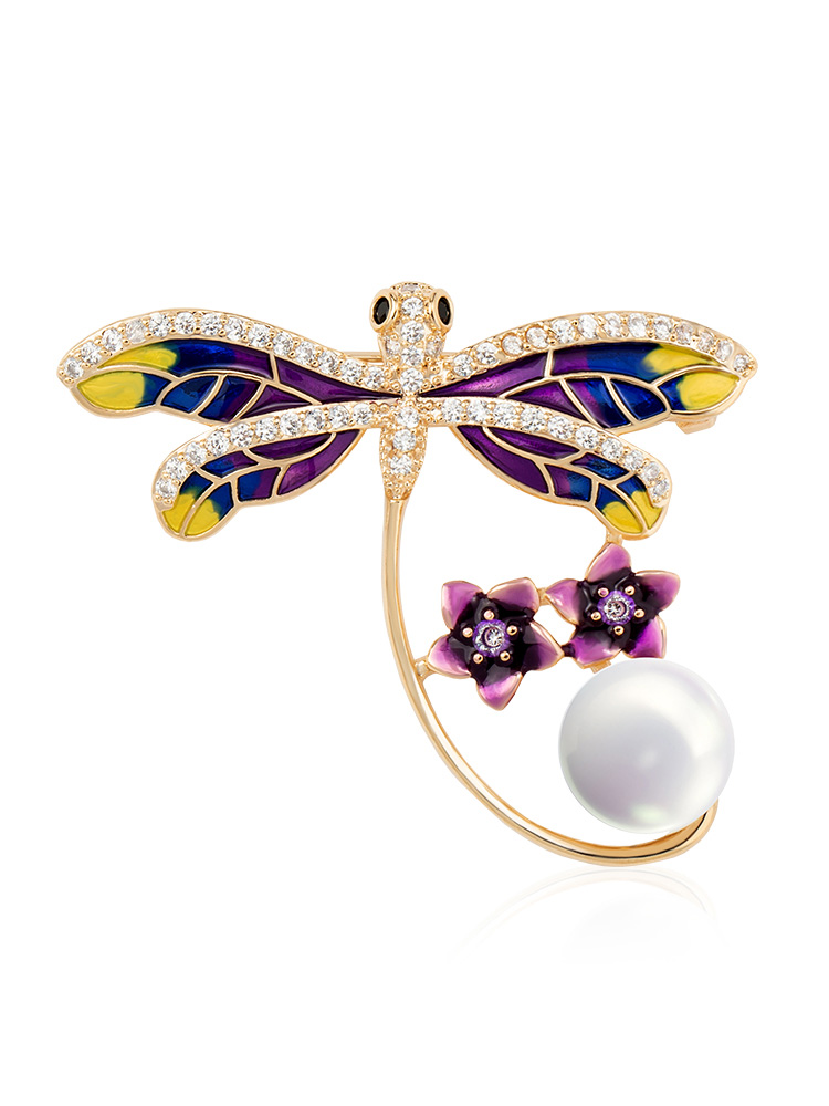 Dragonfly With Crystal Pearl And Flower Enamel Brooch