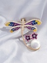 Dragonfly With Crystal Pearl And Flower Enamel Brooch