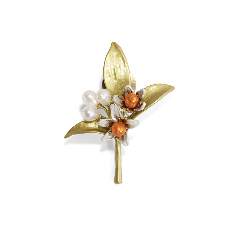 Orange Flower Pearl Enamel Brooch