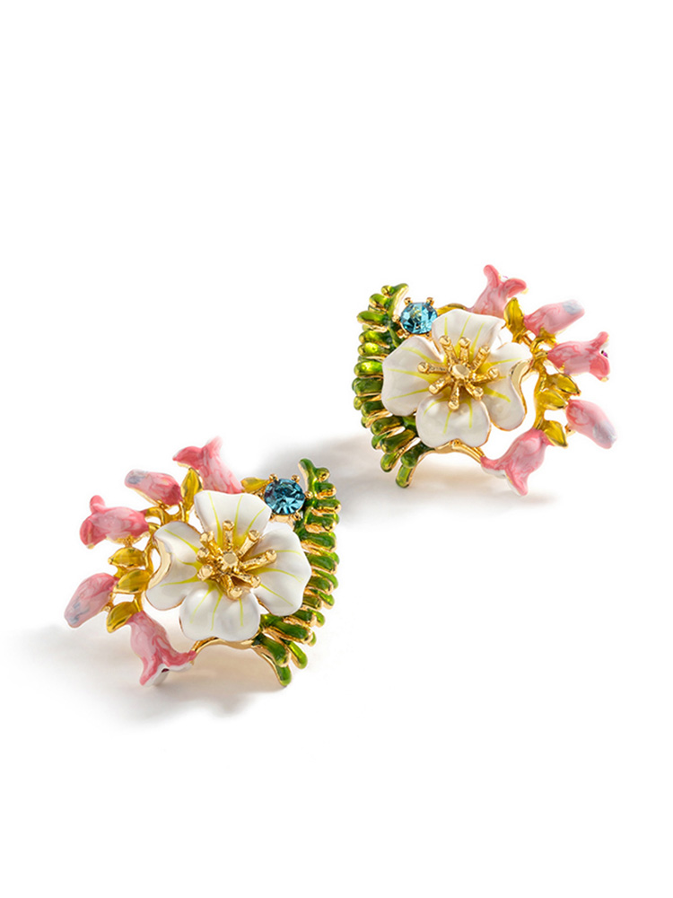 Flower Peony Branch And Crystal Enamel Pedant Necklace