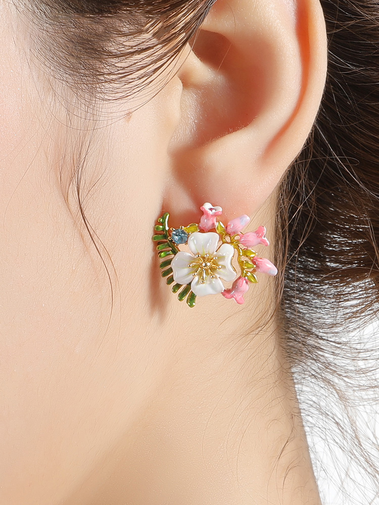 White Flower Pink Bud And Crystal Enamel Stud Earrings