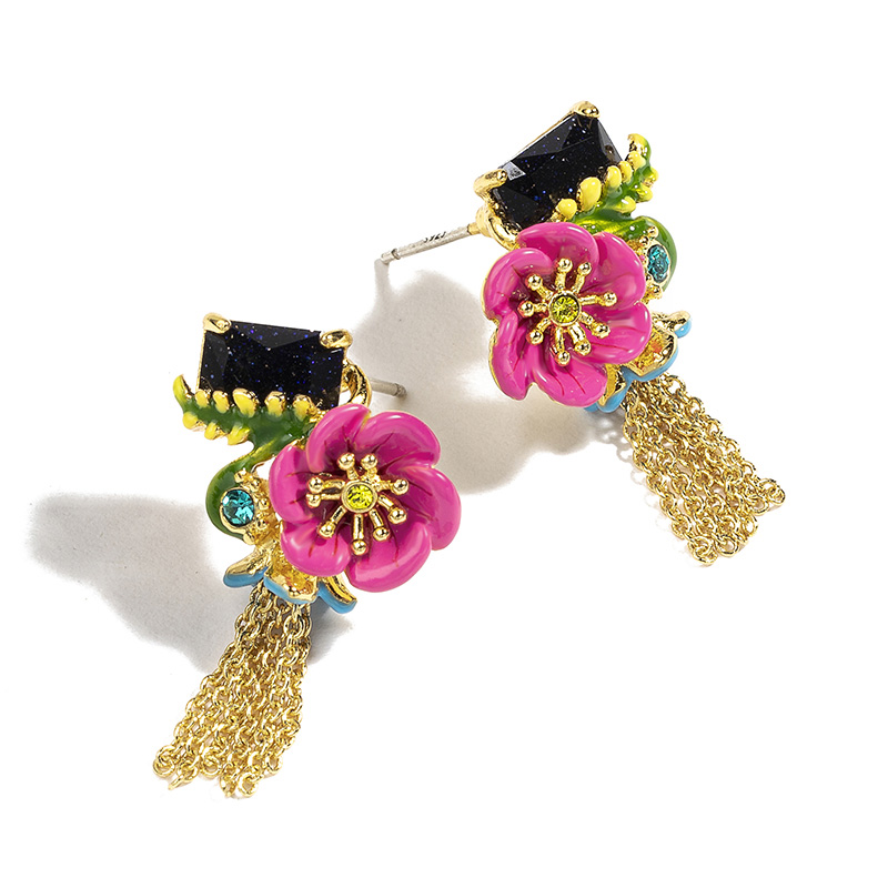 Pink Flower And Black Stone Tassel Enamel Earrings