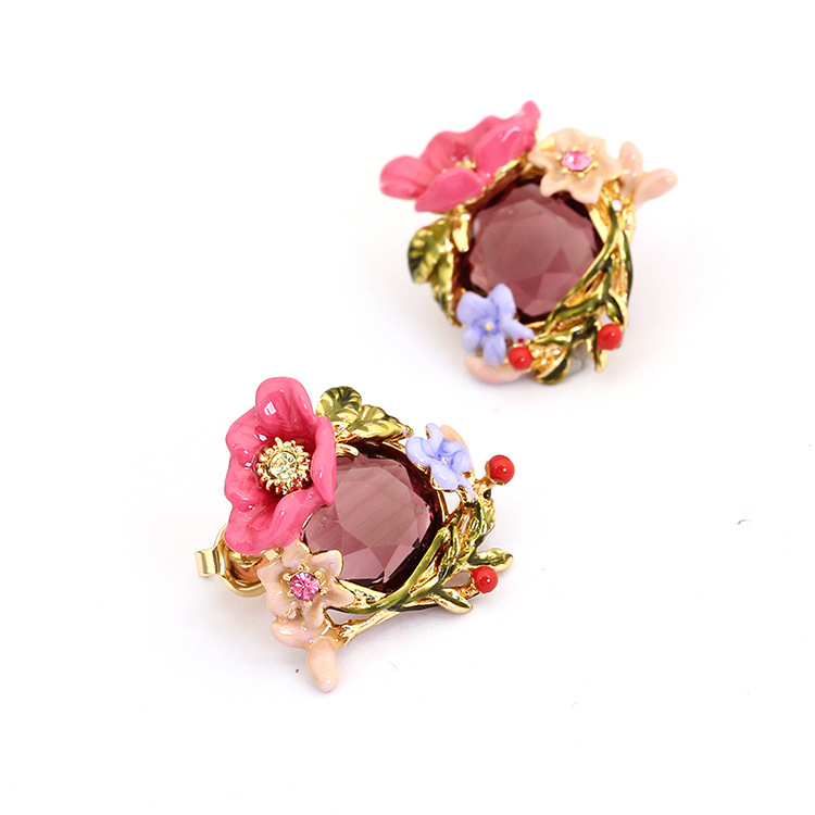 Pink Purple Rose Peony Flower And Crystal Enamel Stud Earrings