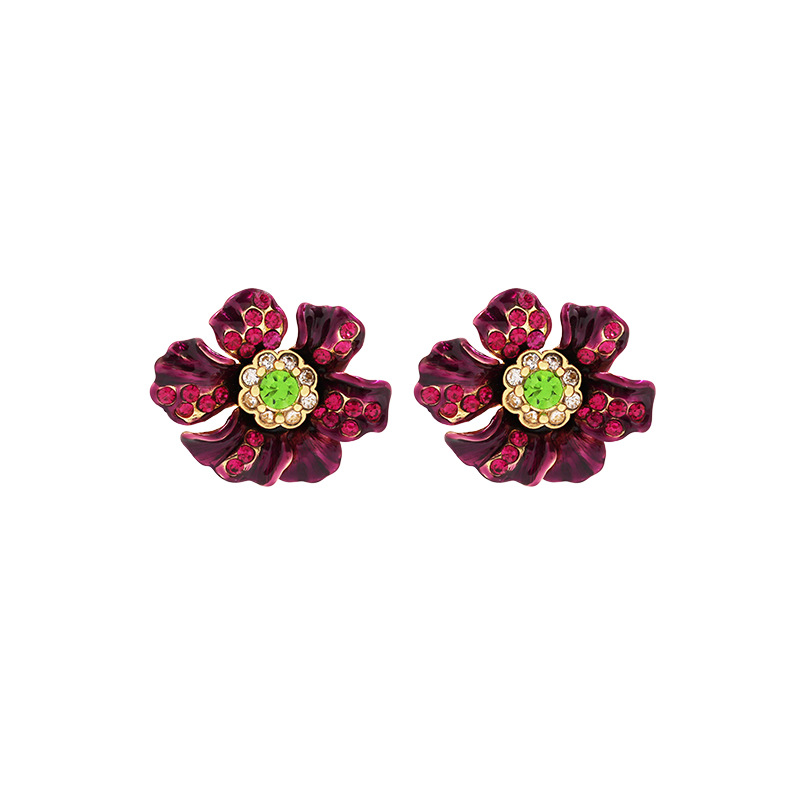 Red Purple Flower With Crystal Enamel Earrings