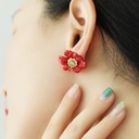 Red Purple Flower With Crystal Enamel Earrings